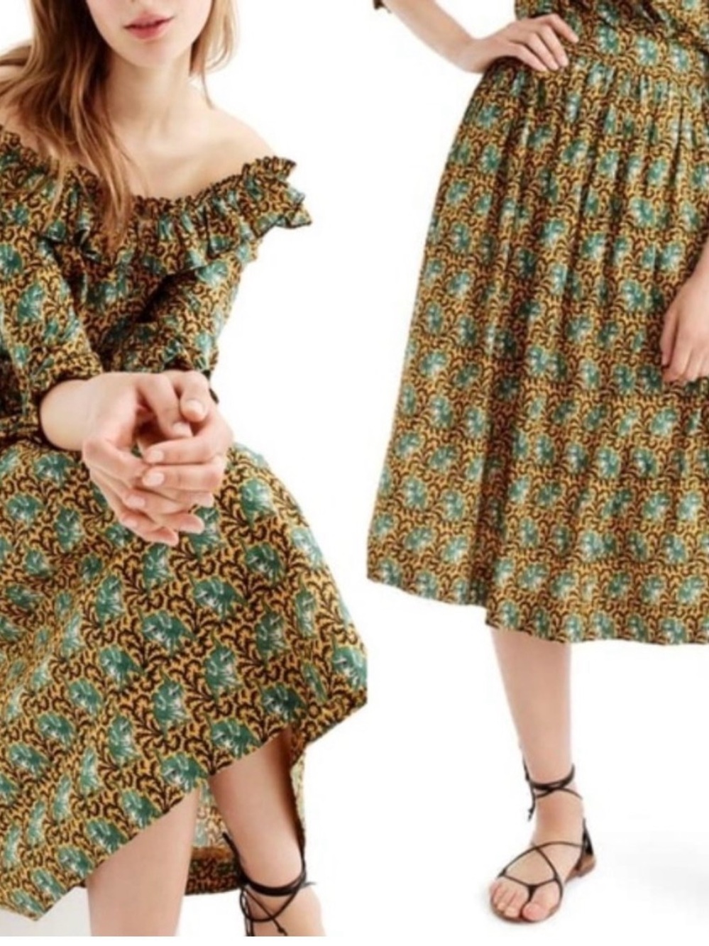 J. Crew Printed A-Line Midi Skirt in Mustard and Teal with Elephants